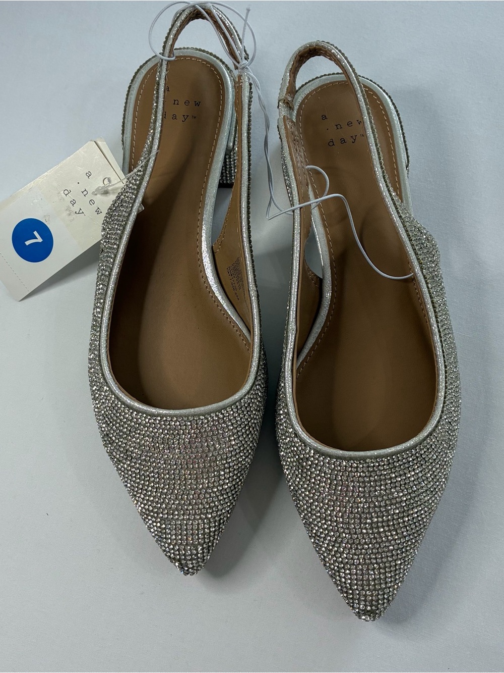 A New Day Elle Silver Rhinestone Slingback Pointed Toe Low Block Heels Size 7